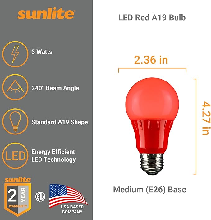 Sunlite 40471 LED A19 Colored Light Bulb, 3 Watts (25w Equivalent), E26 Medium Base, Non-Dimmable, UL Listed, Party Decoration, Holiday Lighting, 6 Count, Red