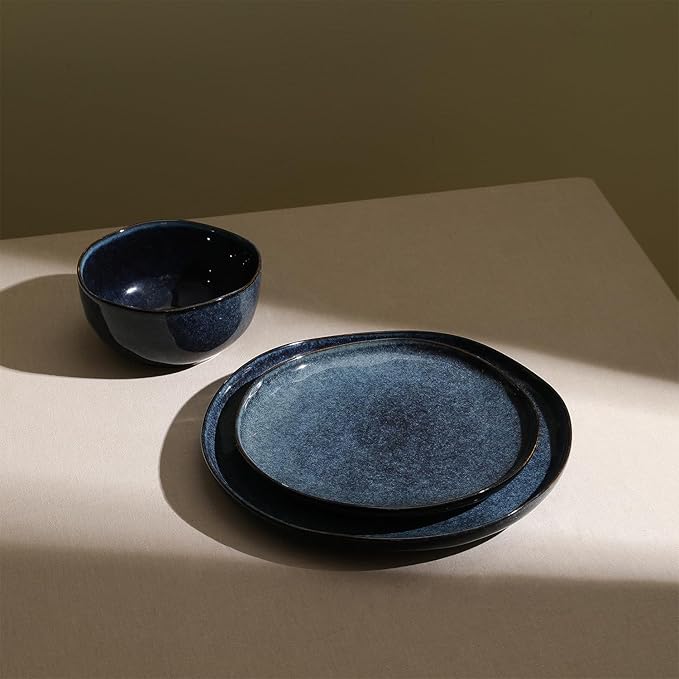 Stone + Lain Mirella 12-Piece Stoneware Dinnerware Set, Service for 4, Reactive Glaze, Deep Blue – Includes Dinner Plates, Salad Plates, and Bowls – Modern Artisanal Design