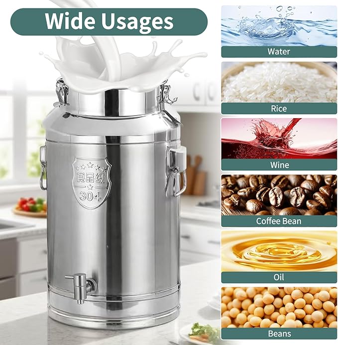 Stainless Steel Milk Can with Spigot,5 Gallon Stainless Steel Milk Bucket,20Liter Wine Pail with 2 Handles and Sealed Lid,Water jug Oil Liquid Storage Barrel,Airtight Food Storage Container