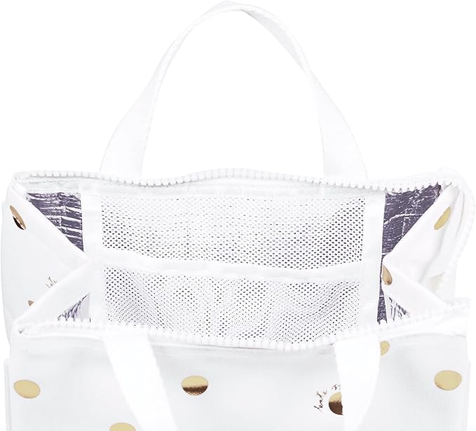 Kate Spade New York Portable Soft Cooler Lunch Bag, Thermal Tote with Silver Insulated Interior Lining and Storage Pocket, Gold Dot with Script