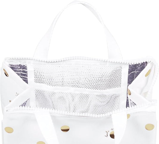 Kate Spade New York Portable Soft Cooler Lunch Bag, Thermal Tote with Silver Insulated Interior Lining and Storage Pocket, Gold Dot with Script
