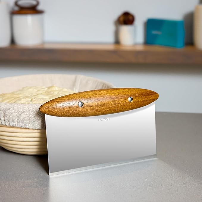Nambe x Tom Papa Breaking Bread Bench Scraper - Stainless Steel Dough Cutter with Acacia Wood Handle, Contemporary Modern Baking Tool for Bread, Pastry & Countertop Use - Essential Kitchen Gadget