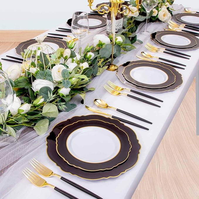 WDF 30Guest Black and Gold Plastic Plates - New Year Plates - Gold Plastic Silverware With Black Handle Baroque Black and Gold Disposable Dinnerware for New Year &Parties
