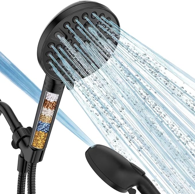 MakeFit Handheld Shower Head with Filter Matte Black - High Pressure 10 Spray Modes Filtered Shower Head with Hose, Bracket and Hard Water Shower Filters to Remove Chlorine and Heavy Metals