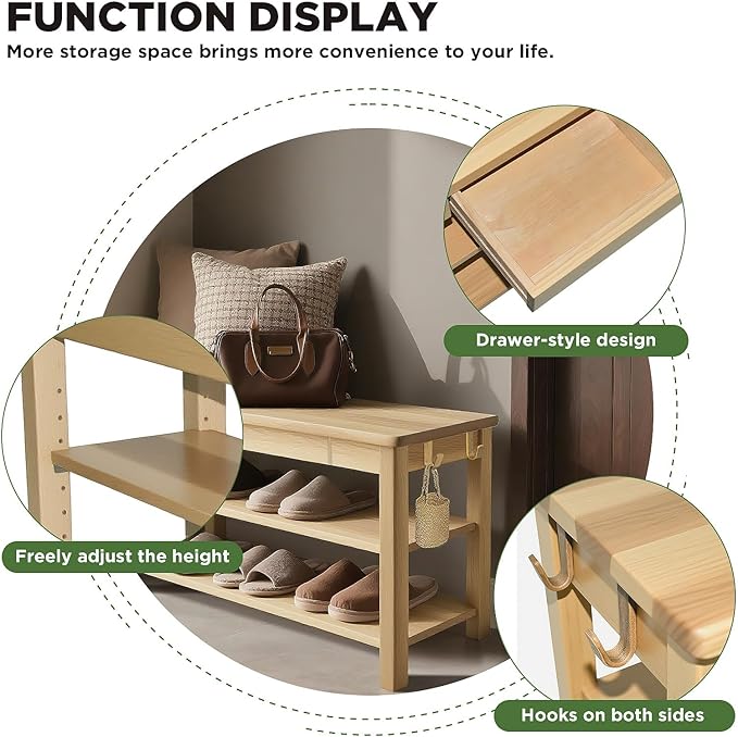 Shoe Storage Bench Wood Entryway: Shoe Rack Bench with Drawer 3-Tiers Height Adjustable,Rustic Wooden Organizer for Front Door Entrance Hallway Living Room,Mudrooms (Natural 2-Tiers, 31.5")