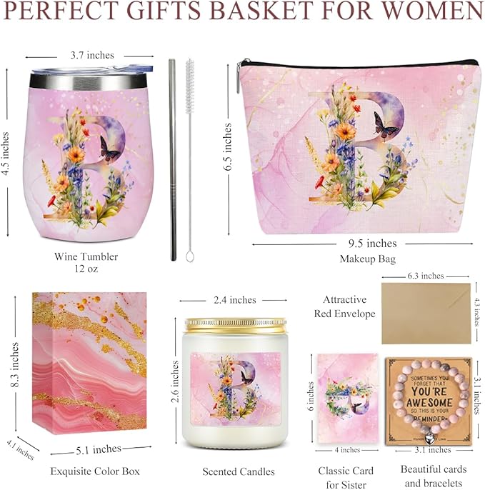 Personalized Gifts Monogrammed Birthday Gifts for Women, Sister Cowerker Mom Boss Day Christmas Appreciation Initial Wine Tumbler Makeup Bag Scented Candle Bracelet Set, (Aesthetic Pink Flower B)