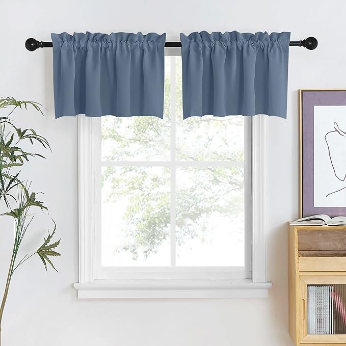 NICETOWN Stone Blue Short Valances for Kitchen, Thermal Insulated Farmhouse Window Cover Adjustable Rod Pocket 18 inches Long + 1.6 inch Header Small Valances for Office/Cafe, 2 Panels, 42" Wide
