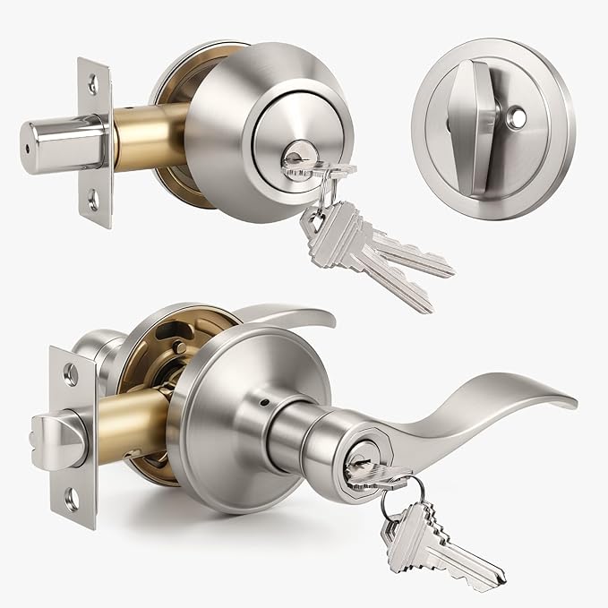 KNOBWELL 1 Pack Satin Nickel Keyed Alike Front Entry Door Lock Set, Single Cylinder Deadbolt and Lever Handle Combination for Exterior/Interior Doors
