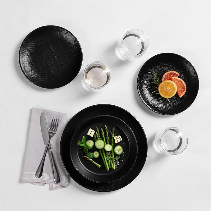 Navaris Linen Artisan Stoneware Dinnerware Set (18 Pieces) - Dishwasher & Microwave Safe Plates & Bowls for 6 with Dinner, Side Plates & Pasta Bowls - Charcoal Black