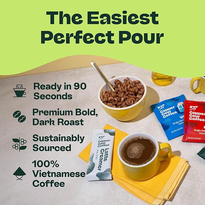 Copper Cow Vietnamese Coffee Variety Pack (15 Coffees & 15 Creamers)| Classic, Vanilla, & Salted Caramel Latte | Pour Over Single-Serve Lattes, No Refrigeration Needed, Travel Friendly Ground Coffee