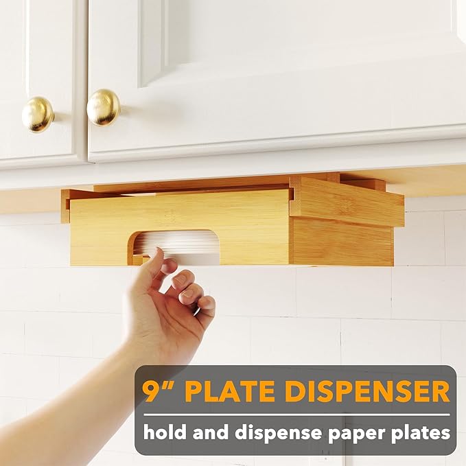 SpaceAid 9-inch Paper Plate Dispenser, Under Cabinet Bamboo Plates Holder, Kitchen Counter Vertical Dipensers Holders Countertop Caddy, Bamboo