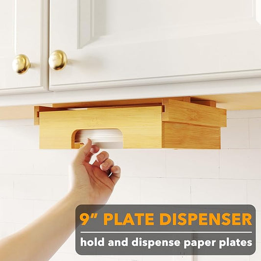 SpaceAid 9-inch Paper Plate Dispenser, Under Cabinet Bamboo Plates Holder, Kitchen Counter Vertical Dipensers Holders Countertop Caddy, Bamboo