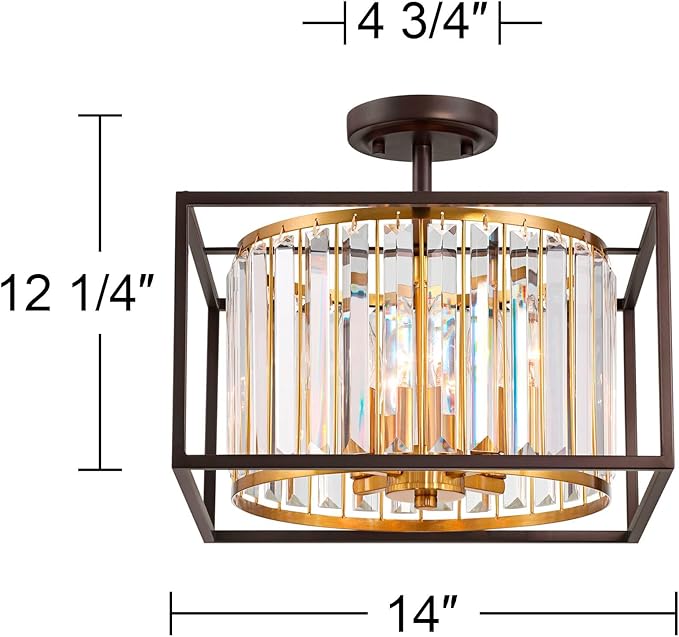 Possini Euro Design Milne 14" Modern Semi Flush-Mount Ceiling Light Fixture Kitchen Foyer Hallway Round 4-Light Brown Bronze and Brass Finish Crystal Bedroom Bathroom Entryway Living Room Small
