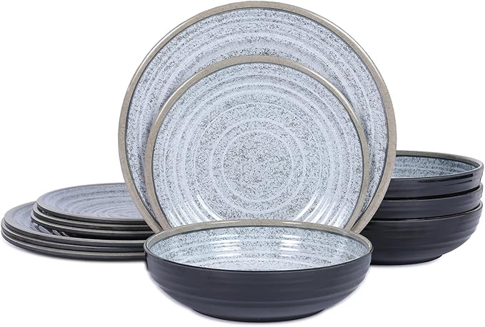 Melamine Dinnerware Sets 12 PCS - Service for 4 Plates & Bowls Sets Dishwasher Top-Shelf Safe, BPA Free Dinner Dishes Set for Everyday Use-Granite Pattern Black Back