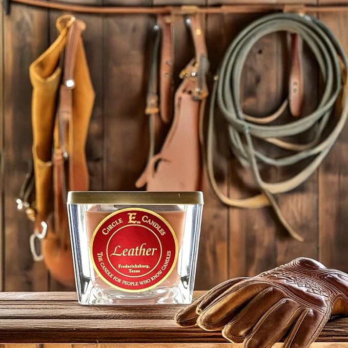 Circle E Candles, Leather Scent, Small Size Jar Candle, 8oz, Christmas Gift for Him, Rich Masculine Aroma, Holiday Candle, Cozy Winter Stocking Stuffer