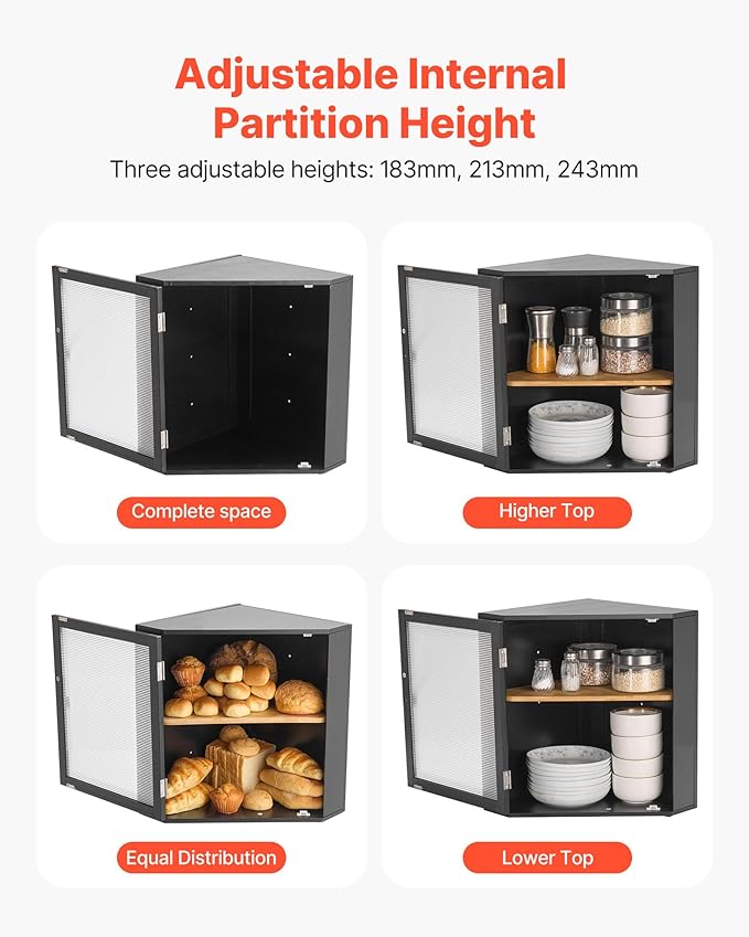 VEVOR Corner Bread Box for Kitchen Counter, Double Layer Large Capacity Bamboo Bread Storage Container, Farmhouse Wooden Breadbox for Homemade Bread, Storage Holder Bin with Acrylic Wavy Door, Black