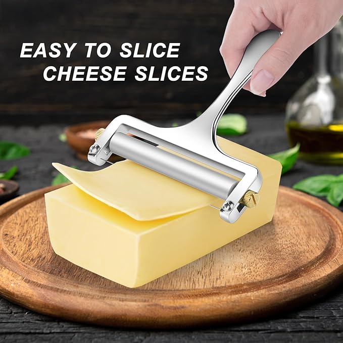 Stainless Steel Cheese Slicer - Professional Cutter for Raclette, Cheddar, Gruyere, Mozzarella Cheese Block Adjustable Thickness With 3 Extra Wires