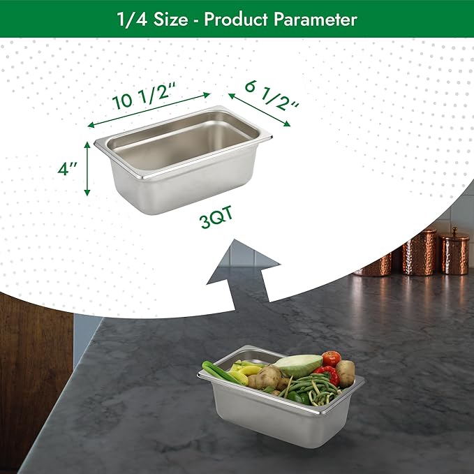 HECMAC 6 Pack Anti-Jam Hotel Pans, 1/4 Size 4 Inch Deep, Commercial Stainless Steel Chafing Steam Table Pan, Catering Storage Metal Food Pan