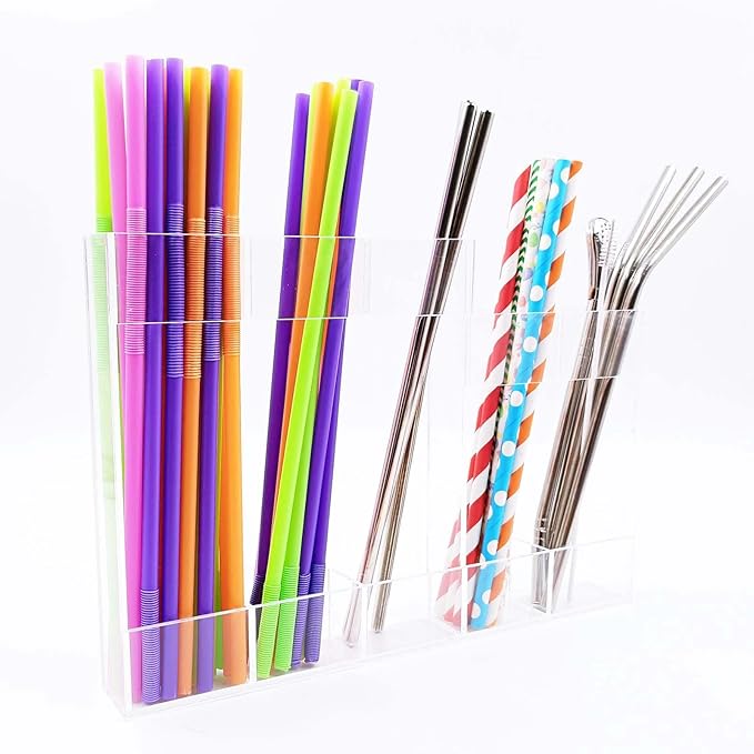 Acrylic Straw Organizer with Adhesive Backing, High & Low Parts for Long and Short Straws, Utensils, 5-Compartment Clear Kitchen Storage Spoons Dispenser Container Inside Cabinet Door Mount Holder