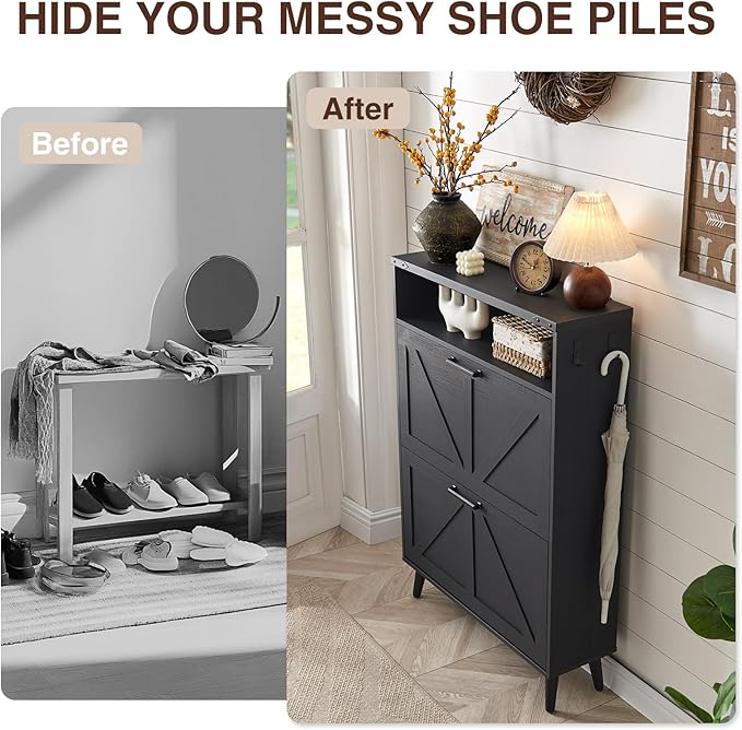 Shoe Storage Cabinet, Farmhouse Shoe Organizer with 2 Flip Drawers & Barn Door,Freestanding Hidden Slim Narrow Shoe Rack Cabinet with Open Storage for Entryway, Foyer, Black