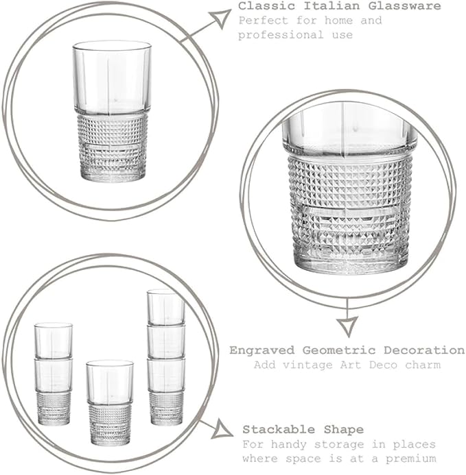Bormioli Rocco Bartender Novecento Stackable 13.75 oz. Hi-Ball Drinking Glass for Mixed Cocktails, Clear, Set of 4
