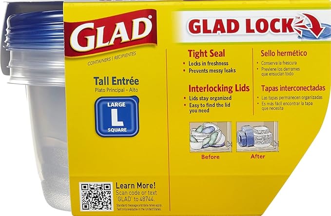 Glad GladWare Tall Entree Food Storage Containers - Large Square - Meal Container Holds up to 42 Ounces of Food - Lock Tight Seal, 3 Count - 2 Pack