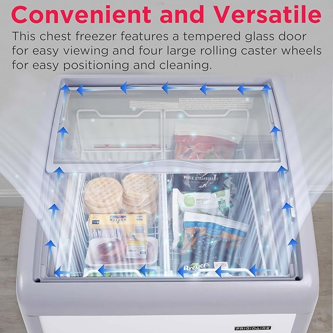 Frigidaire Commercial Chest Freezer for Ice Cream and Frozen Foods, Store Displayer, Glass Top Storage Case, 4 Cu. Ft. Bin, Rolling Caster Wheels, Adjustable Temperature, Energy Efficient Cooling