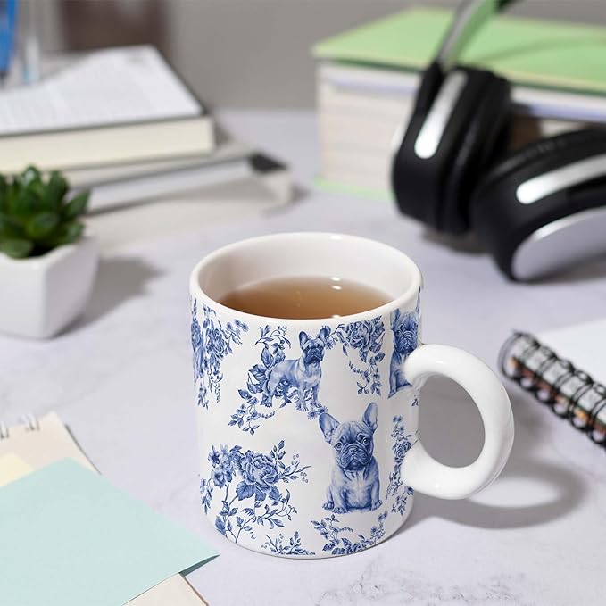French Bulldog Blue French Toile Mug, Bulldogs Lover Gifts for Women, Blue Chinoiserie Toile Coffee Cup for Bulldog Mom, Dog Lovers Tea Coffee Mug Birthday Gifts for Dog Owners, 11oz