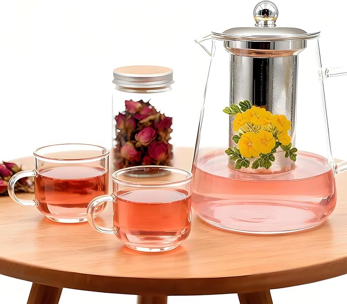 Glass Teapot Stovetop with English Breakfast Tea, 34OZ High Temperature Resistant Borosilicate Clear Tea Kettle with Infuser as Birthday & Christmas Gifts for Women and Men (Transparent)