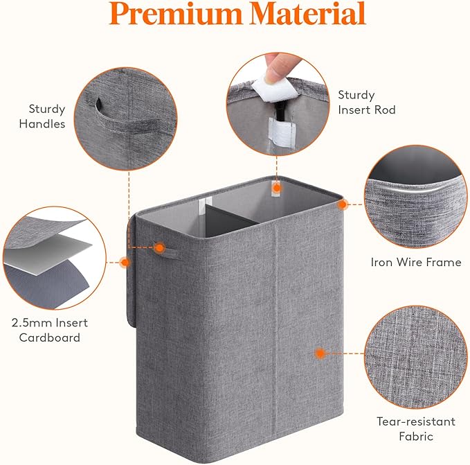 Lifewit Double Laundry Hamper with Lid and Removable Laundry Bags, Large Collapsible 2 Dividers Dirty Clothes Basket with Handles for Bedroom, Laundry Room, Closet, Bathroom, College, 145L Light Gray