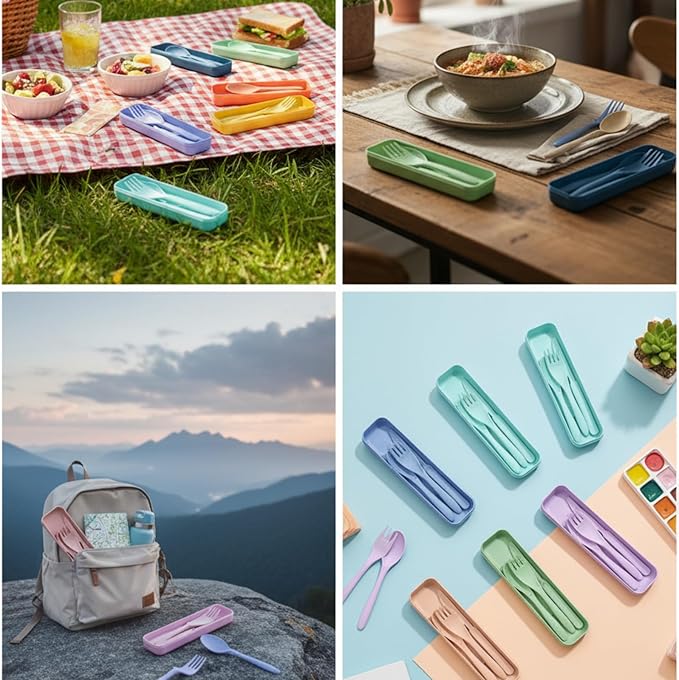 Lasnten 200 Set Reusable Utensils Set with Case Wheat Straw Utensils for Christmas Operation Bulk Items, Plastic Portable Spoon Knives Fork Bulk for Charities Nurseries Christmas Shoe Box Gift Project
