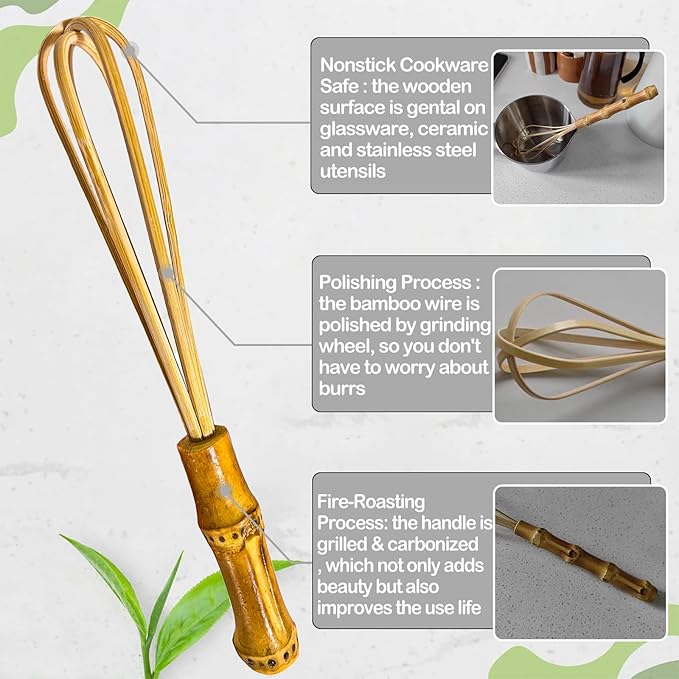 Wooden Whisk, Handcrafted Bamboo Whisks for Cooking Non Scratch, Balloon Whisk for Pancake Batter, Eggs and Sauces, Wooden Whisks Tool For Nonstick Cookware Pans, Bamboo Cooking Utensils (Mini Whisk)