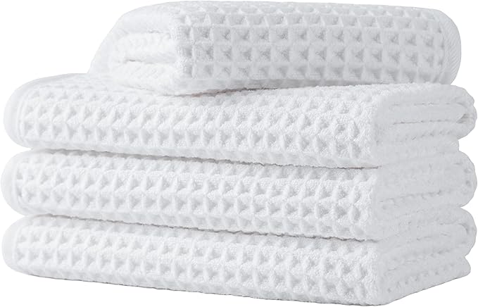 Microfiber Waffle Face Towels, 4 Pieces, Soft, Absorbent, Fast Drying, Lint Free (White)