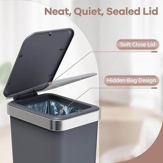 2Pack Small Bathroom Trash Can with Lid Soft Close, 10 Liter/2.6 Gallon Slim Garbage Can-Metal Step and Press top Lid, Mini Modern Waste Basket for Toilet, Office, Bedroom,Dorm,Dark Gray