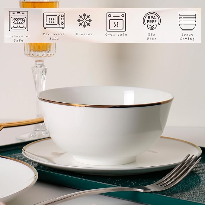 Bone China Dinnerware Set for 4, 16 Pc Round Dinner Set with Mugs - Porcelain and Microwave Safe - KOKEN
