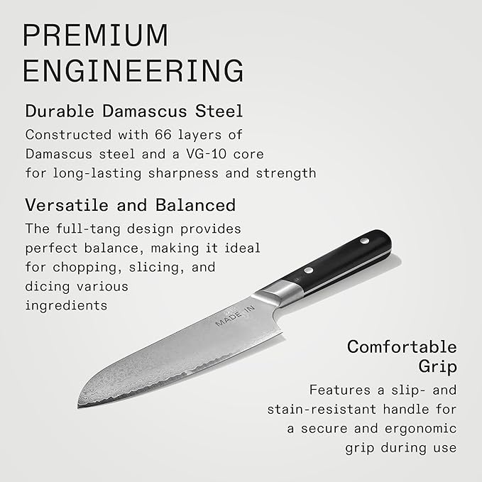 Made In Cookware - 6" Japanese Damascus Steel Santoku Knife - 66 Layers of Damascus Steel with a VG-10 Core - Crafted in Japan - Full Tang With Black POM Handle