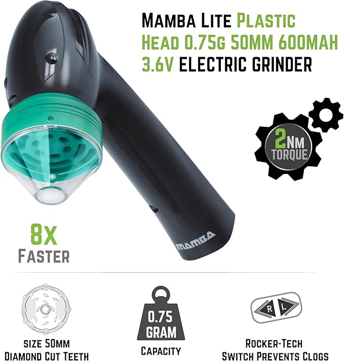 Mamba Lite 0.75g Green All-Plastic Head USB Electric Herb Grinder. Small Portable Herbal Machine & Spice Mill for the Kitchen
