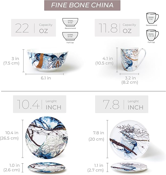 KOKEN - Ocean Blue 16 Piece Dinnerware Set (Service for 4) fine bone china - Dish Plates and Bowls Sets, Service for 4, Dinner Salad Dessert Plates, and Cereal Bowls Set, Blue - Microwave safe