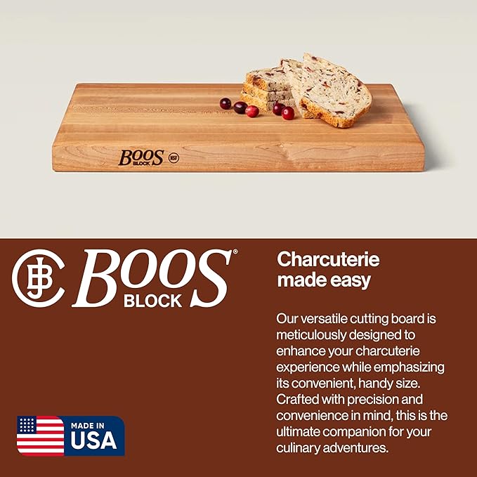 John Boos R-Board Series Rectangular Wooden Maple Cutting Board 18”x12” – 1.5” Thick, 10-lb Reversible Butcher Block with Edge-Grain & Finger Grips – Made in the USA