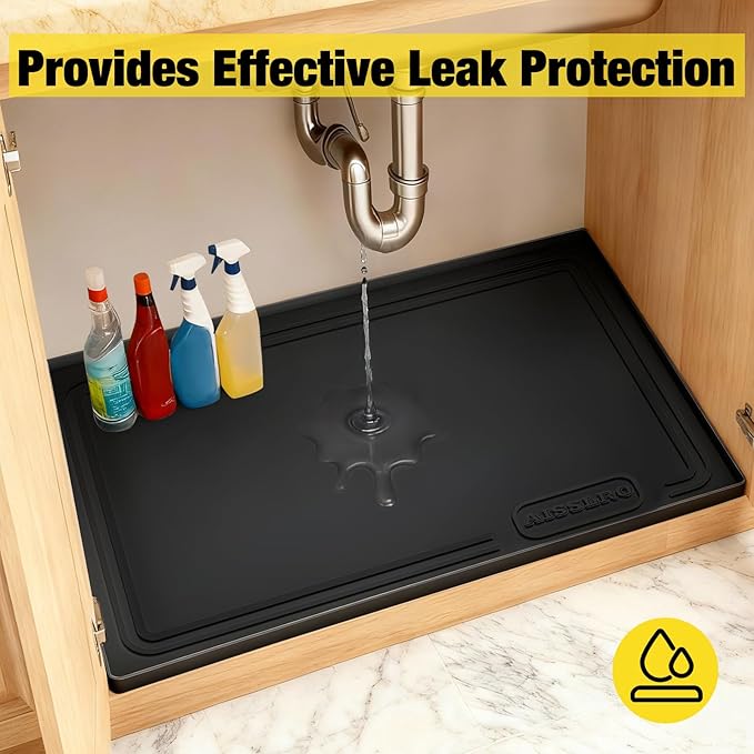 Under Sink Mat 25" X 19", Waterproof Silicone Under Sink Mats for Kitchen, Anti-Leak Shelf Liner & Cabinet Protector with Raised Edge, [BPA Free] Bathroom Tray Home Organizer, Black