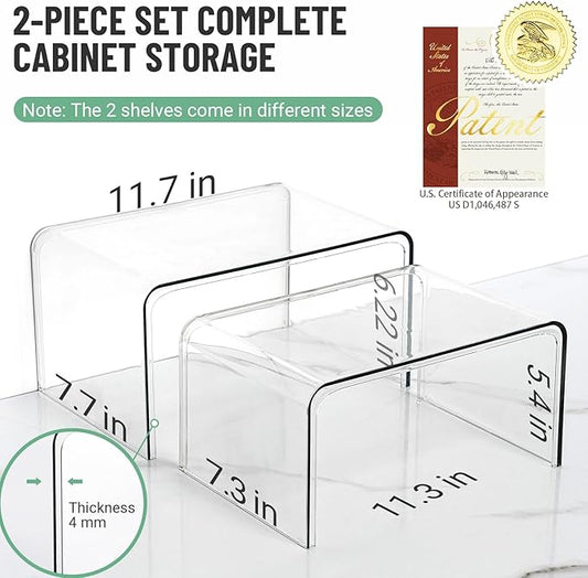 Clear Cabinet Organizer, Shelf Organizer Set of 2 for Kitchen Pantry Organizers and Storage, Display Cabinet Shelf Room Decor Countertop Desk Shelves, Patented Spice Organization for Cabinet