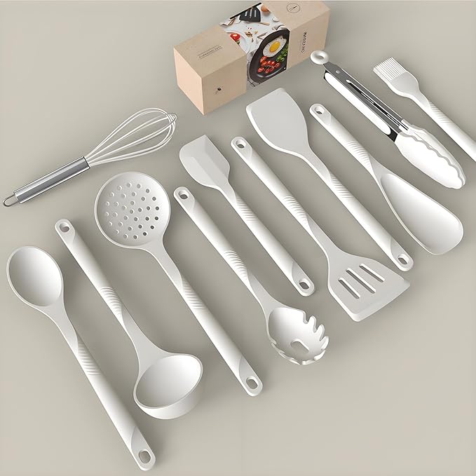 Silicone Cooking Utensils Set - 600°F Heat Resistant, Nonstick Kitchen Utensil Set with Spatulas, Spoons, Whisk, Tongs, BPA Free, Dishwasher Safe, Cream White