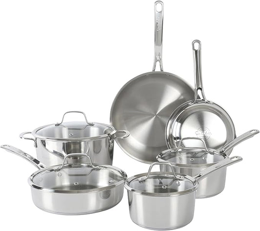 Sur La Table Kitchen Essentials Chef's Deck 10 Piece Stainless Steel Non Toxic Pots and Pans Kitchen Cookware Set w/Triply Encapsulated Base - Induction Safe