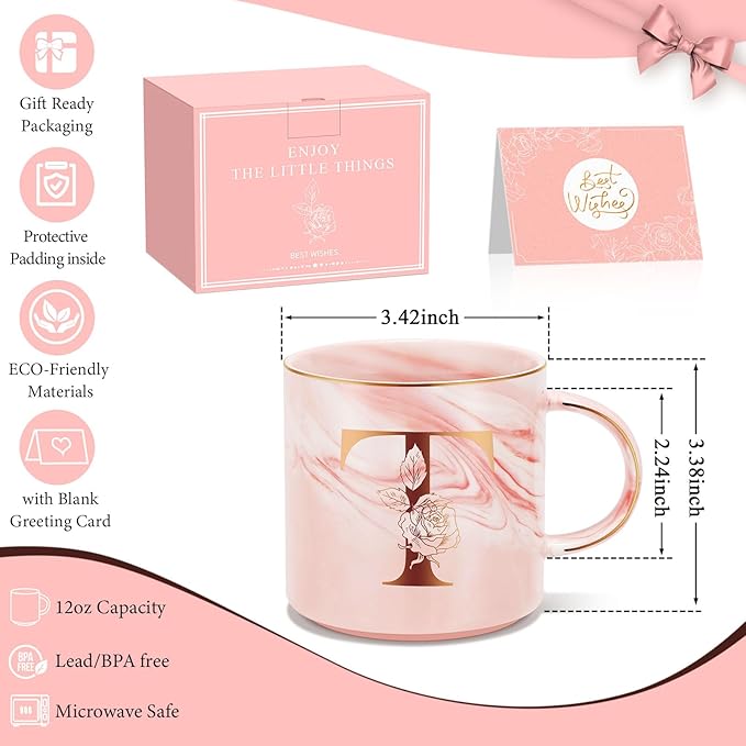 Personalized Gifts for Women Coffee Mug, Initial Customized Gift Monogrammed A-Z Coffee Mug 12 OZ, Christmas Anniversary Birthday Gifts for Women Mom Grandma Friend Sister Wife (T)