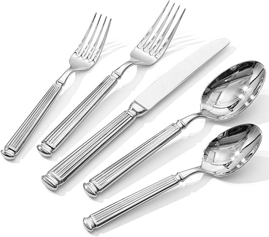 KINGSTONE Silverware Set, 20-Piece 18/10 Stainless Steel Flatware Set - Roman Column Embossed Thick Handle, for Wedding, Home, Restaurant, Kitchen and Party, Mirror Polish & Dishwasher Safe