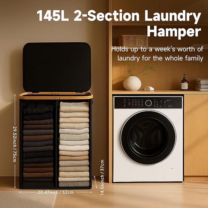 145L Double Laundry Basket with Lid, 2 Section Dirty Clothes Hamper with 2 Removable Bags for Bedroom, Bathroom, Dorm, Black