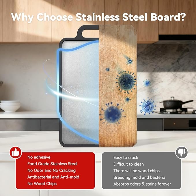 Double-Sided Solid Stainless Steel Cutting Board for Kitchen, 304 Grade & Dishwasher Safe - Non-Slip with Juice Groove, Perfect for Meat and Veggies, 15.3x9.6 Inch