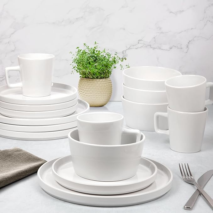 Zulay Kitchen Terra Stoneware Dinnerware Set, Artisanal Ceramic Plates and Bowls Set Crafted at 2300℉ - Service for 4, Frost White