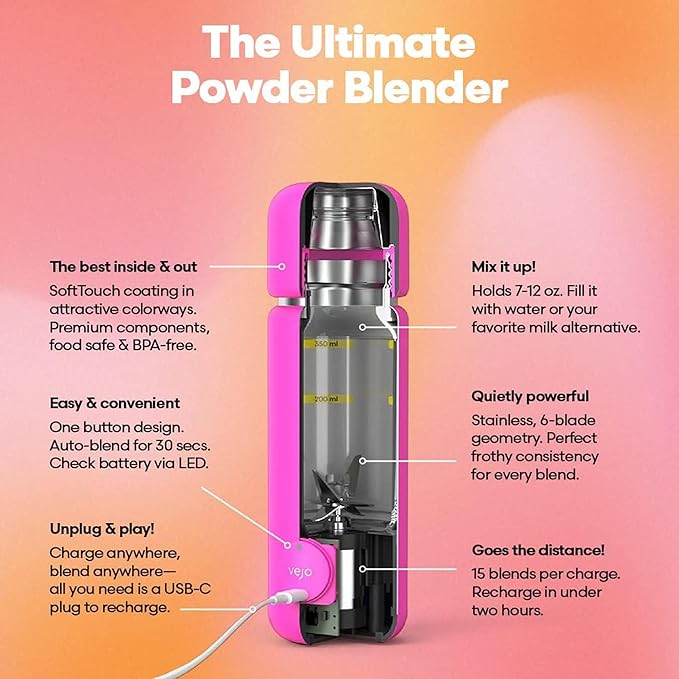 Vejo Portable Travel Blender for Protein Shakes & Powders | 12oz Rechargeable Personal Mixer Bottle | Stainless Steel Interior | Fits Car Cup Holders | Dishwasher Safe | Gym, School, Outdoors | Orange