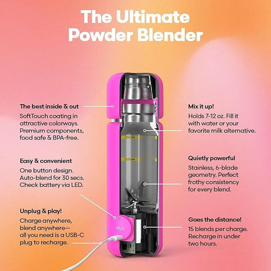 Vejo Portable Travel Blender for Protein Shakes & Powders | 12oz Rechargeable Personal Mixer Bottle | Stainless Steel Interior | Fits Car Cup Holders | Dishwasher Safe | Gym, School, Outdoors | Orange